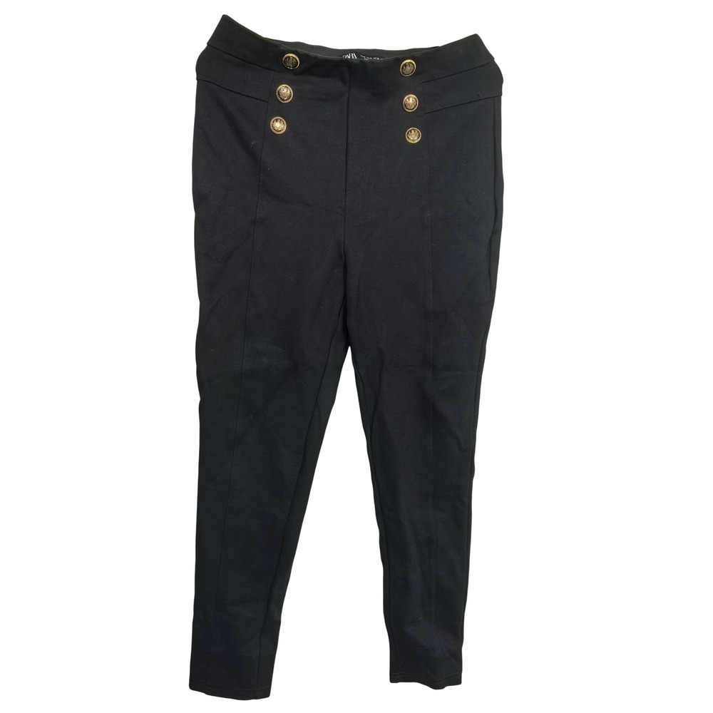 Zara Women's Black Sailor High-Waist Skinny Trousers Gold Crest Buttons XL
